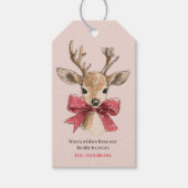 Zachte herten met rode strik | Roze Kerstmis Cadeaulabel (Voorkant)