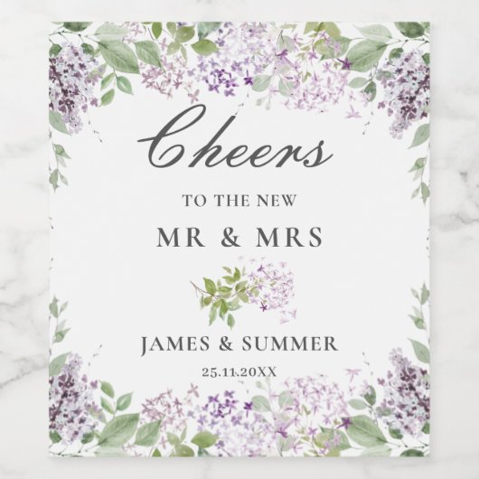 Zachte Hued Delicate Lila Paarse Bloemen Bruiloft Wijn Etiket (Enkel label)