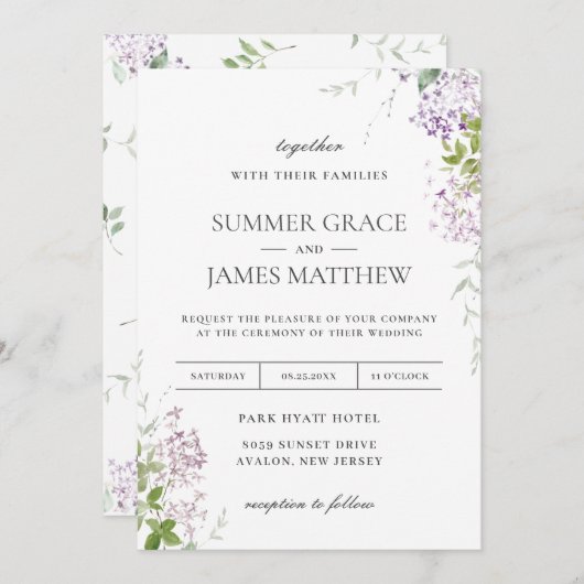 Zachte Hued Lila Paarse Bloemen Groen Bruiloft Kaart (Voorkant / Achterkant)