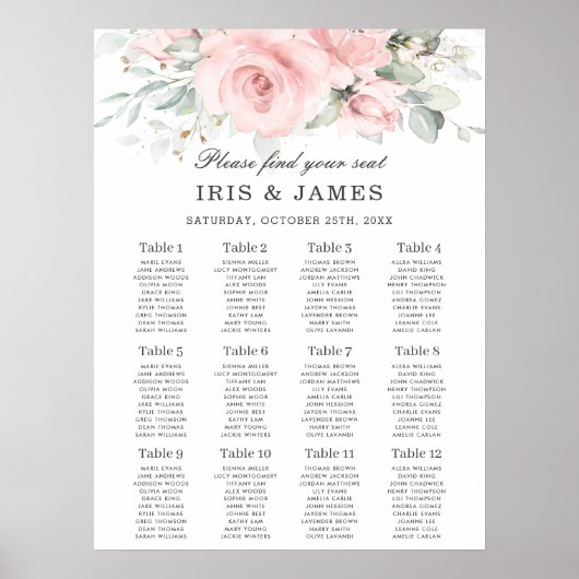 Zachte Hued Pink Floral Leafy Wedding Seding Chart Poster (Voorkant)