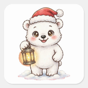 Zachte IJsbeer Kerstman Lantaarn Kerststicker Vierkante Sticker