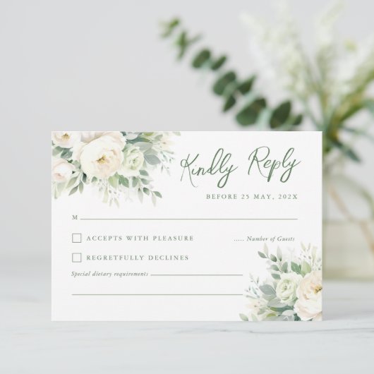 Zachte ivoor waterverfcrème pioenroos & roos RSVP kaartje (Staand voorkant)