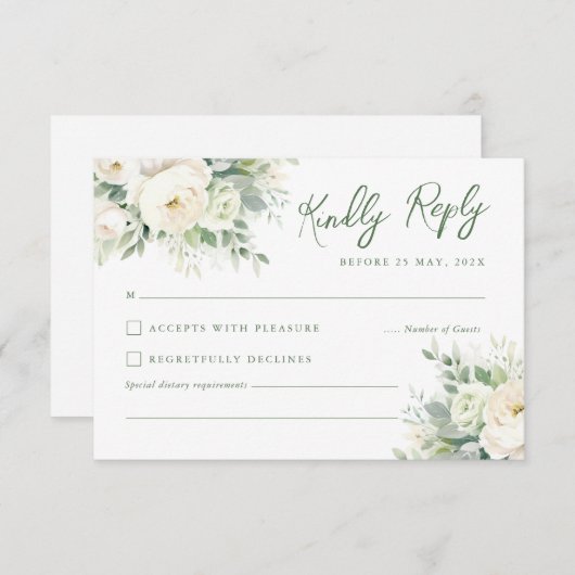 Zachte ivoor waterverfcrème pioenroos & roos RSVP kaartje (Voorkant / Achterkant)