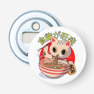 Zachte Japanse kat eet noedels met eetstokjes Button Flesopener