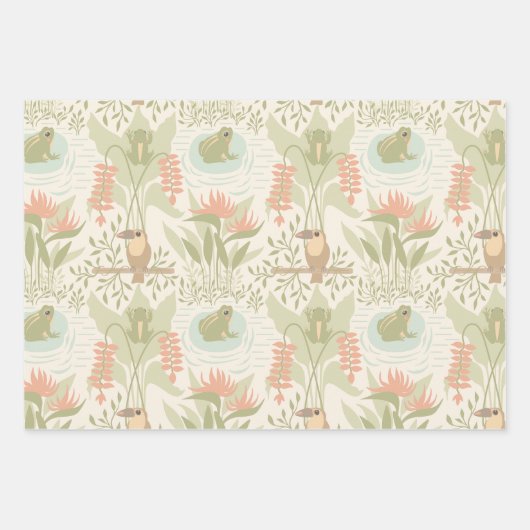 Zachte Jungle Kikkers & Vogels Inpakpapier Vel (Voorkant)