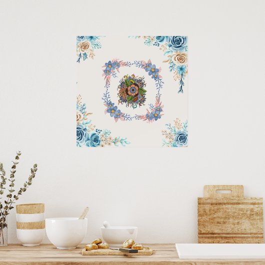 Zachte kalmte - Blauwgroen en roze Waterverf Bloem Poster (Keuken)