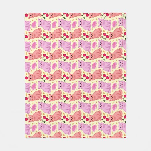 Zachte Kat Cherry Bloempatroon | Kawaii Kitty Fleece Deken (Voorkant)