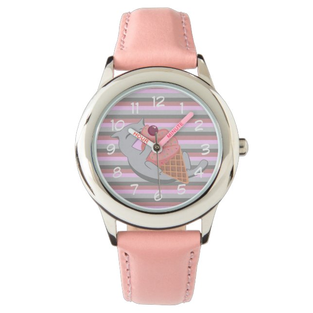 Zachte kat eet roze ijs gestreept horloge (Voorkant)