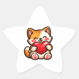 Zachte Kat Hart – Kawaii Kat Knuffelt Rode Hart, K Ster Sticker