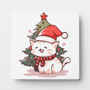 Zachte kat met kerstmuts bij kerstboom fotoplaat