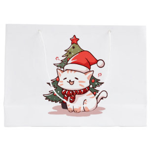 Zachte kat met kerstmuts bij kerstboom groot cadeauzakje
