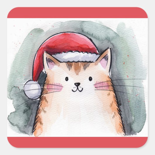 Zachte kat met kerstmuts vierkante stickers (Voorkant)