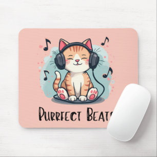 Zachte Kat met Koptelefoon Kawaii Muziek Liefhebbe Muismat