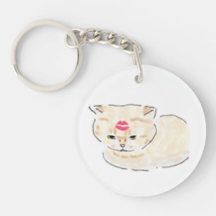 Zachte Kat Met Lippenstift Kus Merk Hand Getekende Sleutelhanger