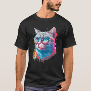Zachte Kat Motief Kat Kleurrijke Grafische Kunst T-shirt
