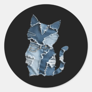 Zachte Kat Patroon Denim Patchwork Grappige Kat Li Ronde Sticker
