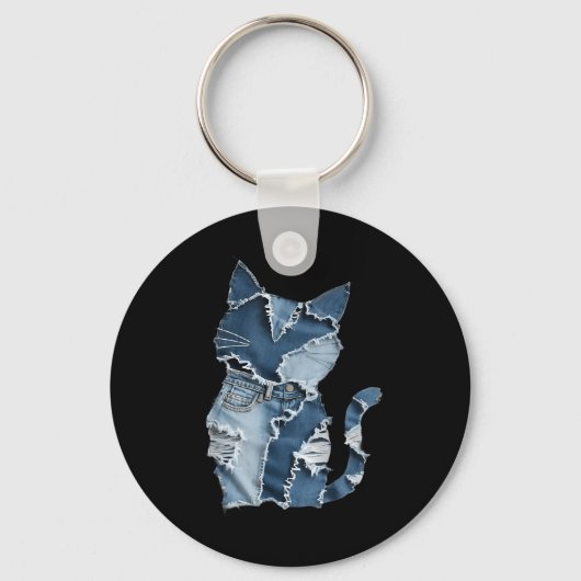 Zachte Kat Patroon Denim Patchwork Grappige Kat Li Sleutelhanger (Voorkant)