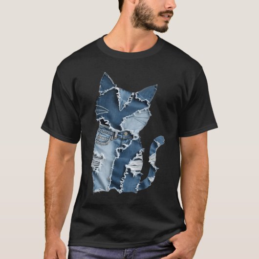 Zachte Kat Patroon Denim Patchwork Grappige Kat Li T-shirt (Voorkant)