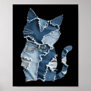 Zachte Kat Patroon Denim Patchwork Grappige Katten Poster