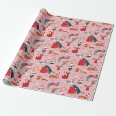 Zachte kat roze retro kerstpatroon cadeaupapier (Uitgerold)