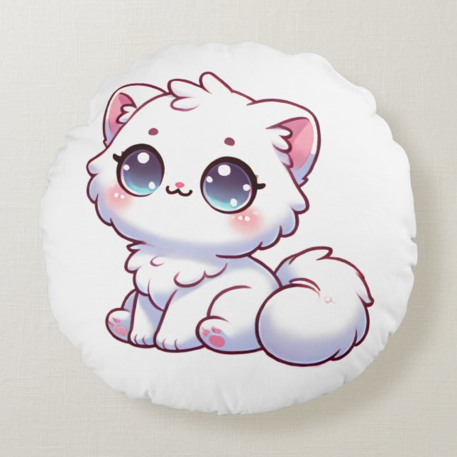 Zachte Kawaii Fluffy Kat Ronde Kussen (Voorkant)