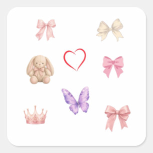 Zachte Kawaii Pastel Strikken Konijn Vlinder Hart Vierkante Sticker