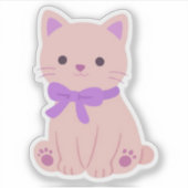 Zachte Kawaii Roze Kitten met Paarse Strik Sticker (Voorkant)