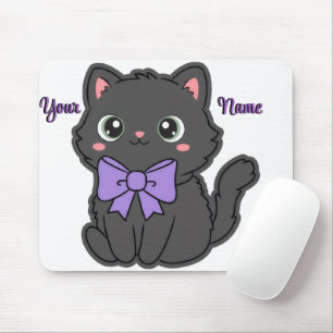 Zachte Kawaii Zittende Zwarte Kat Paarse Strik Cus Muismat