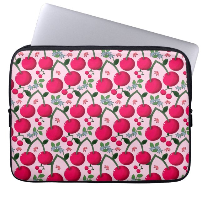 Zachte Kersen Patroon, Glanzende Kawaii Fruit Laptop Sleeve (Voorkant)