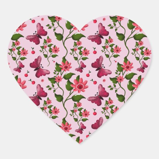 Zachte Kersen Vlinder Patroon, Glanzend Kawaii Fru Hart Sticker (Voorkant)