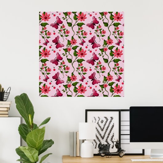 Zachte Kersen Vlinder Patroon, Glanzend Kawaii Fru Poster (Thuiskantoor)