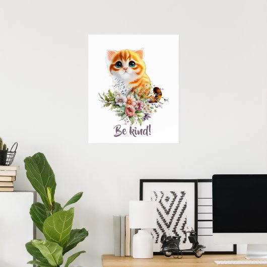Zachte kit die omhoog kijkt met waterverf bloemen poster (Thuiskantoor)
