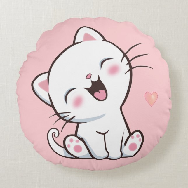 Zachte Kitty Kat op Licht Roze Rond Kussen (Voorkant)