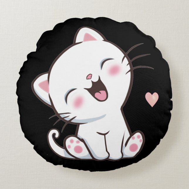 Zachte Kitty Kat op Zwart Rond Kussen (Voorkant)