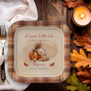 Zachte Kleine Welp Herfst Teddybeer Baby Shower Papieren Bordje