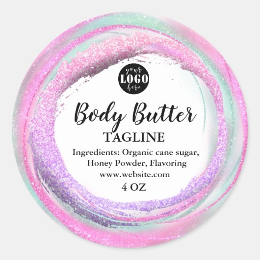 Zachte kleur glitters productlabel ronde sticker (Voorkant)