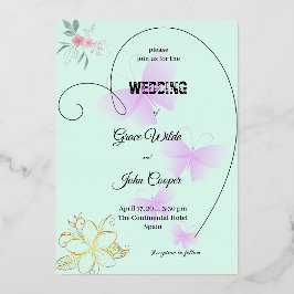 Zachte kleur met bloemen- en vlinderontwerp folie uitnodiging