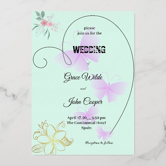 Zachte kleur met bloemen- en vlinderontwerp folie uitnodiging (Voorkant)