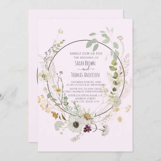 Zachte kleur Wilde bloemen Baby Roze uitnodiging (Voorkant / Achterkant)
