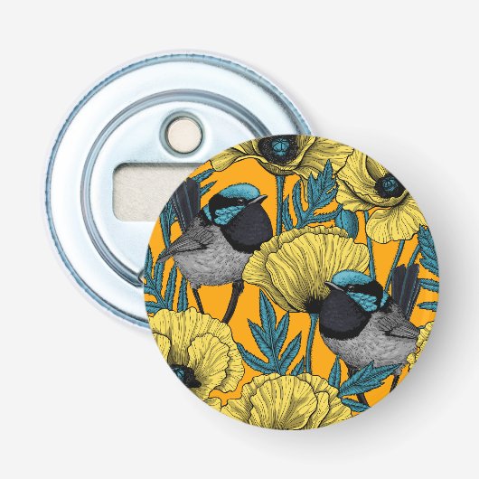 Zachte kreeften en papavers, geel button flesopener (Voorkant)