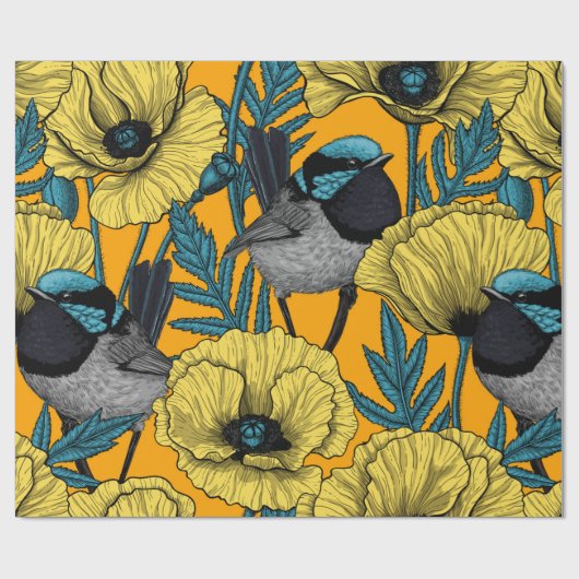 Zachte kreeften en papavers, geel cadeaupapier (Vlak)