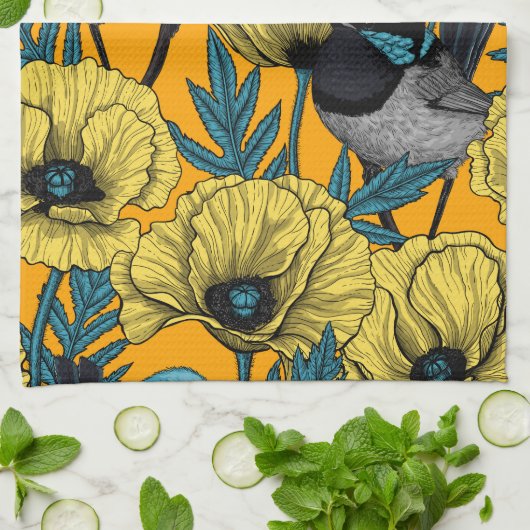 Zachte kreeften en papavers, geel theedoek (Gevouwen)