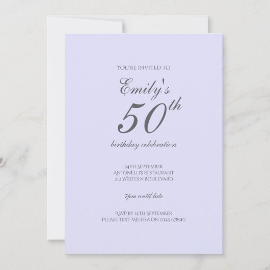 Zachte Lavendel Minimalist 50ste verjaardag Uitnod Kaart (Voorkant)