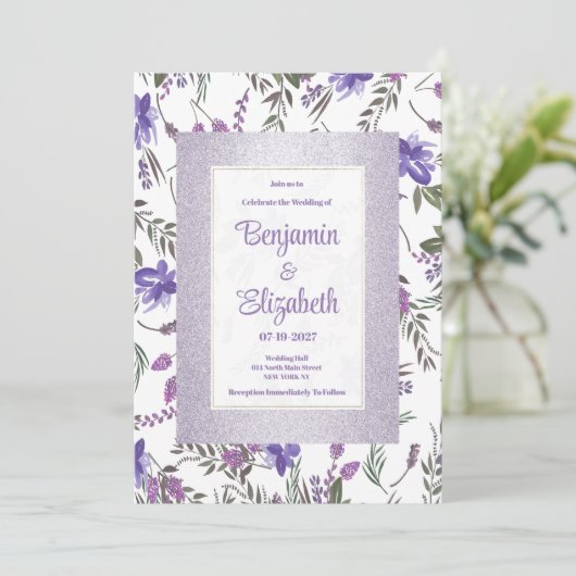 Zachte lavendel roze paarse groene bloemenbruiloft kaart (Staand voorkant)