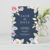 Zachte lente Bloemen Foto Marine Blauwe bruiloft Save The Date (Staand voorkant)