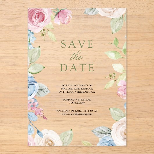 Zachte lente bloemenbruiloft Bewaar de datum Acryl Uitnodigingen (Voorkant)