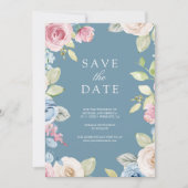 Zachte Lente Bloemige Foto Stof Blauw Bruiloft Save The Date (Voorkant)