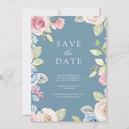 Zachte Lente Bloemige Foto Stof Blauw Bruiloft Save The Date (Voorkant)