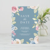 Zachte Lente Bloemige Foto Stof Blauw Bruiloft Save The Date (Staand voorkant)