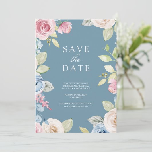 Zachte Lente Bloemige Foto Stof Blauw Bruiloft Save The Date (Staand voorkant)